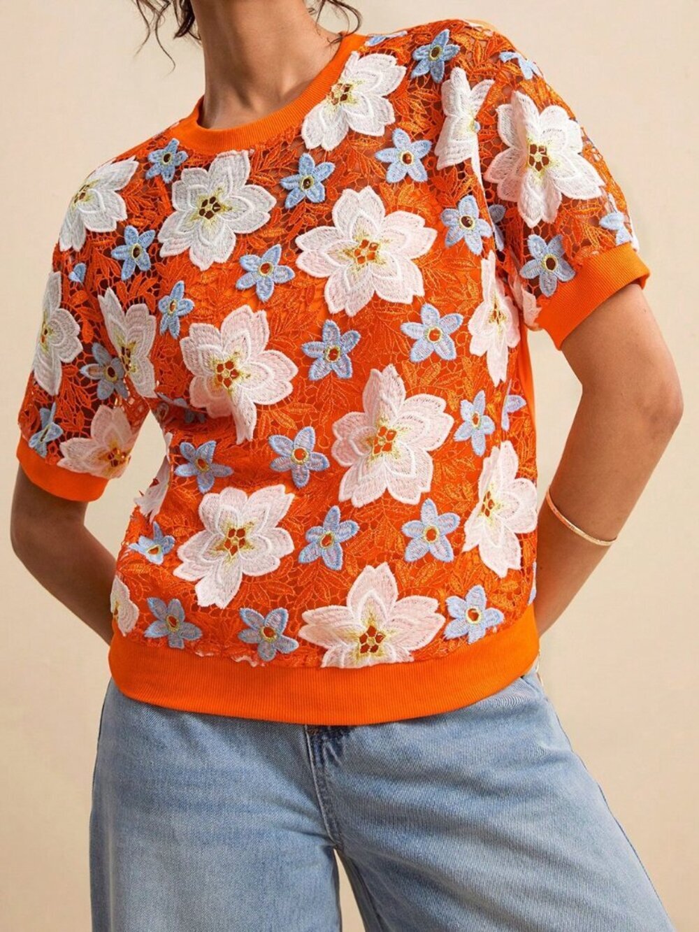 Orange Casual Women's Hollow Textured Fabric Round Neck Short Sleeve Tops
